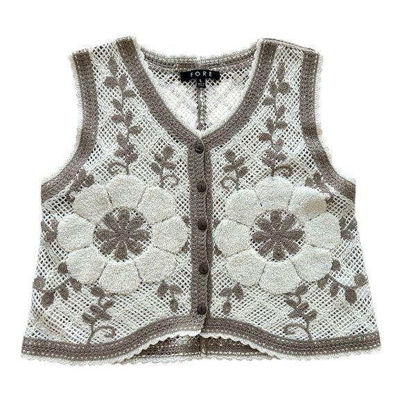 FORE Jackets & Blazers - FORE Cream Embroided Floral Button Down Sweater Vest Cardigan Women’s Large